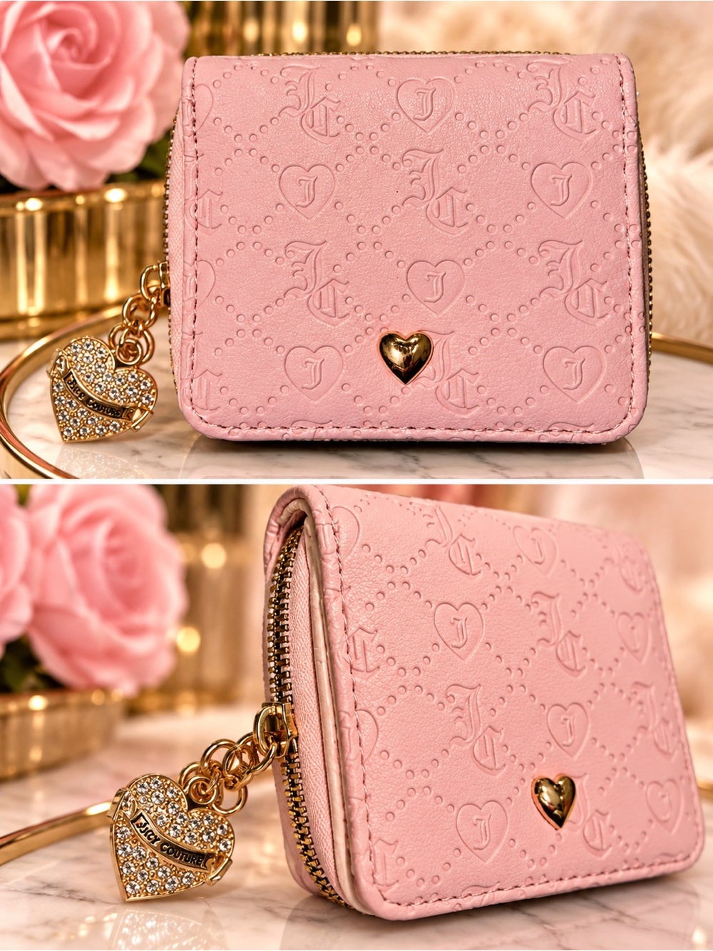 Juicy Couture Blush Pink Heart-Embossed Compact Wallet with Gold Charm